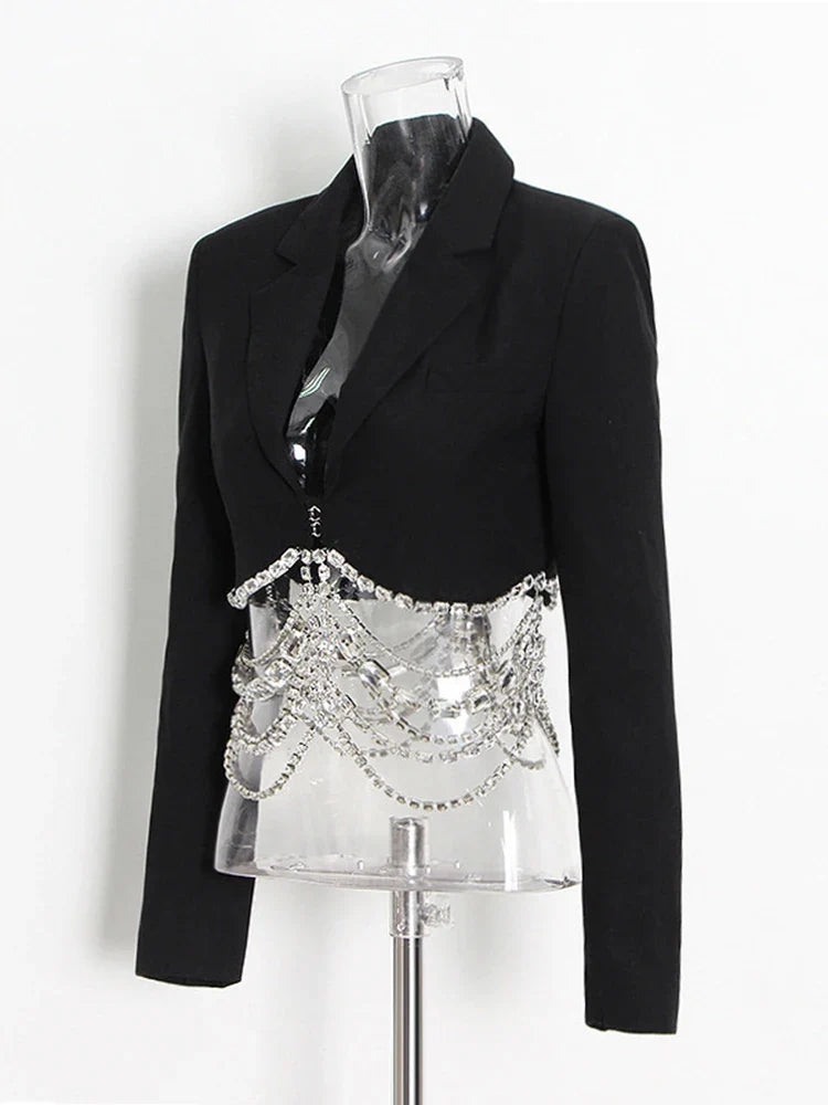 Slim Fit Cropped Blazer with Crystal Chain