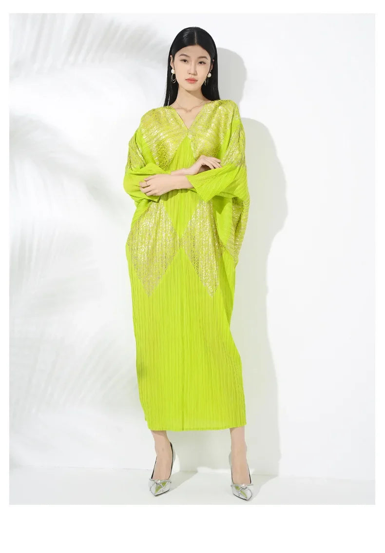 Diamond Pattern Plissé Pleated Midi Dress