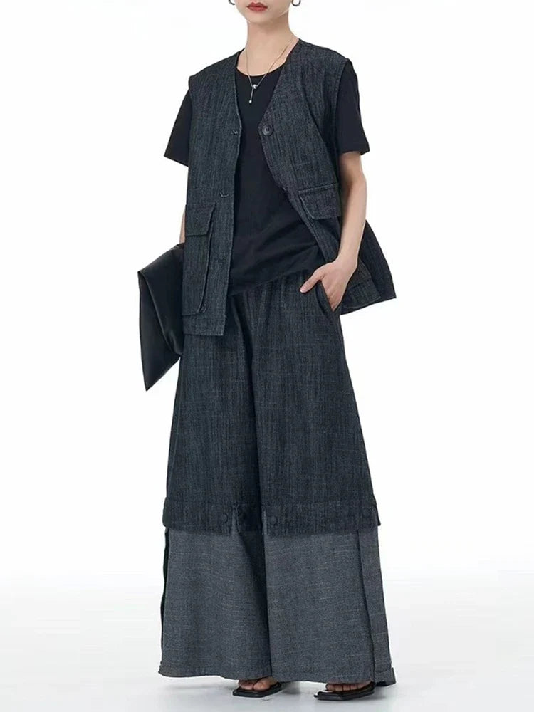 Cotton Denim Wide-Leg Pants with Elastic Waistband