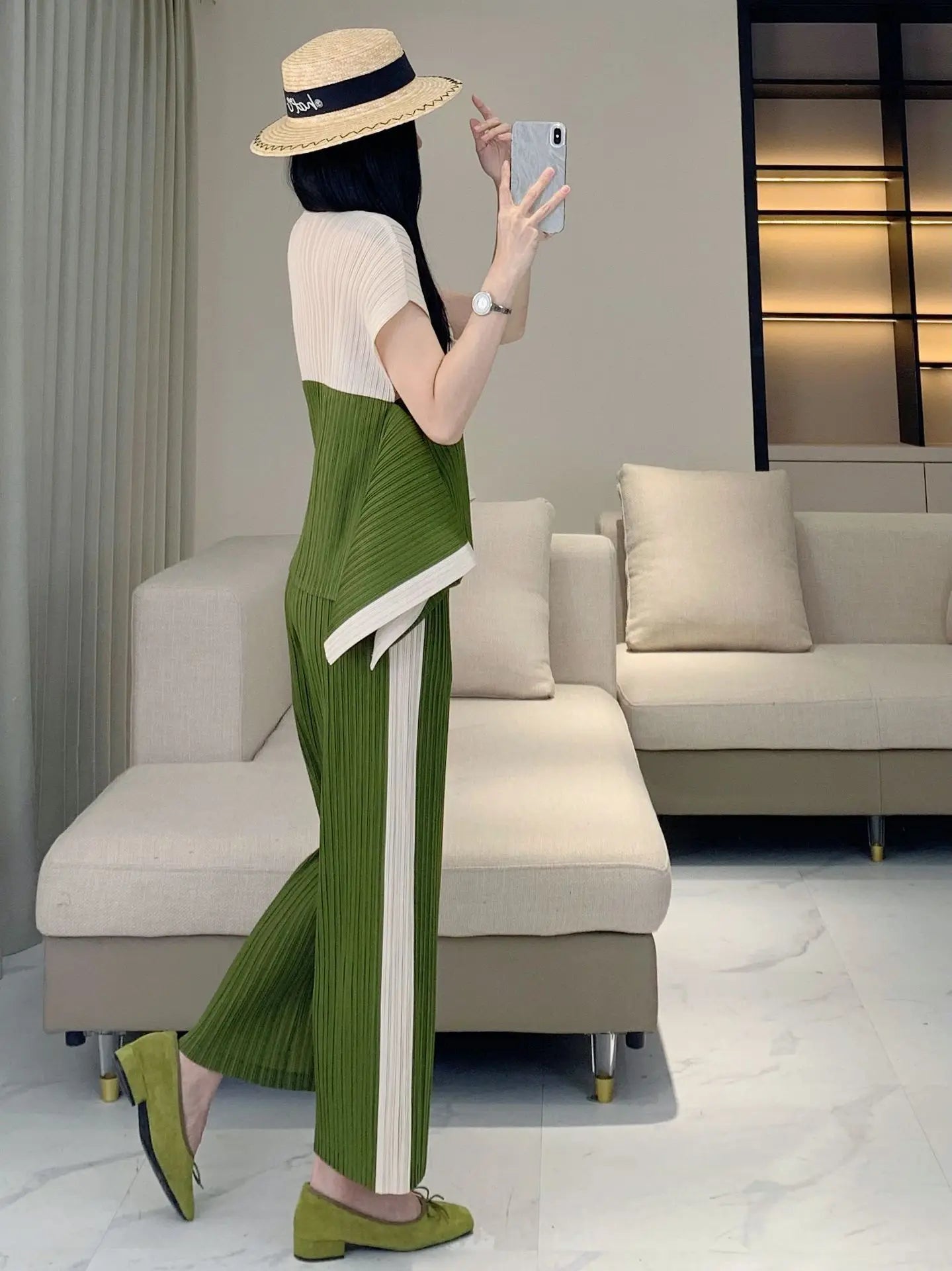 Geometric Pleated Top & Pants Set