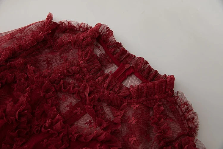 Wine Red Ruffle Mesh Midi Dress
