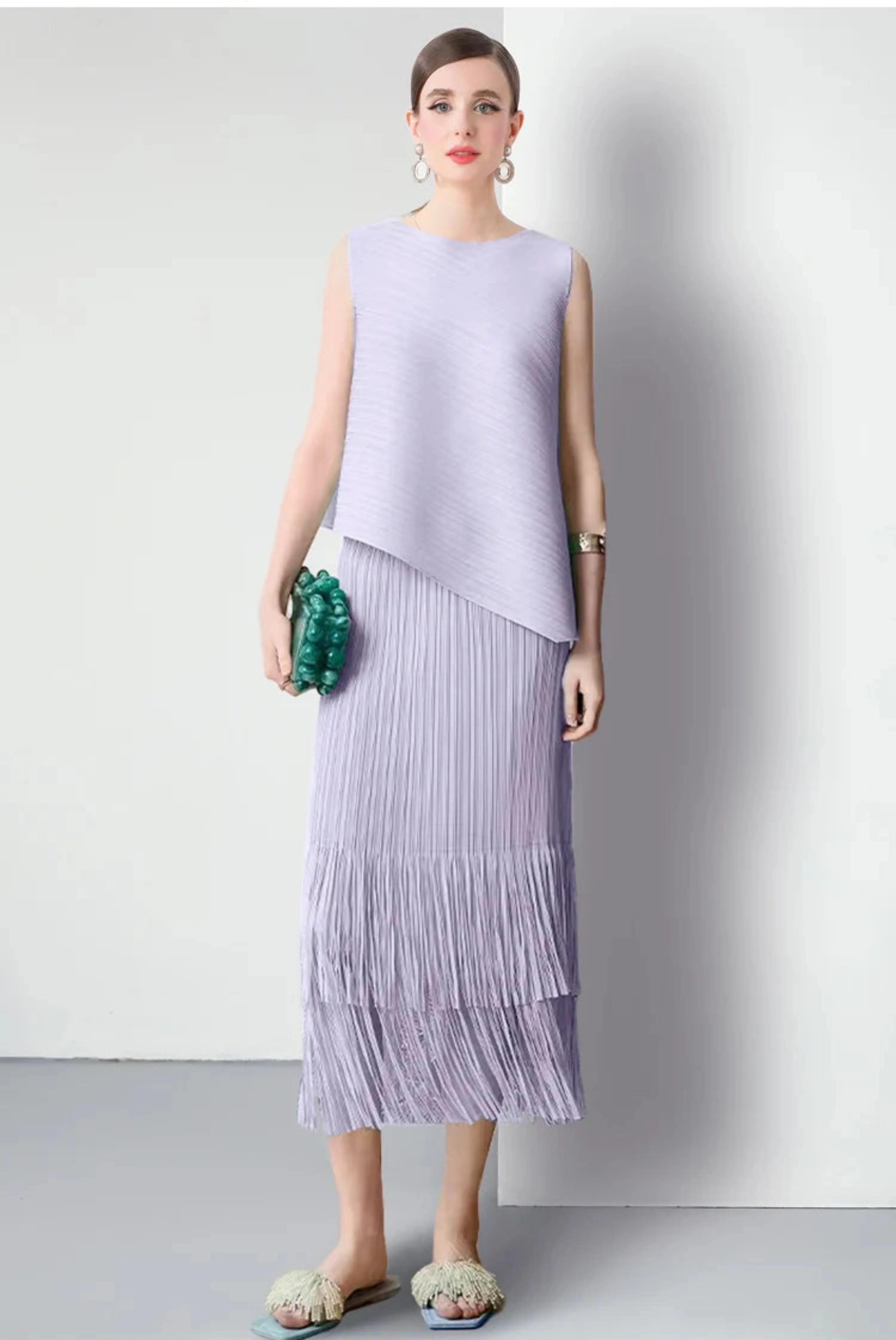 Luxury Plissé Pleated Tassel Skirt Set