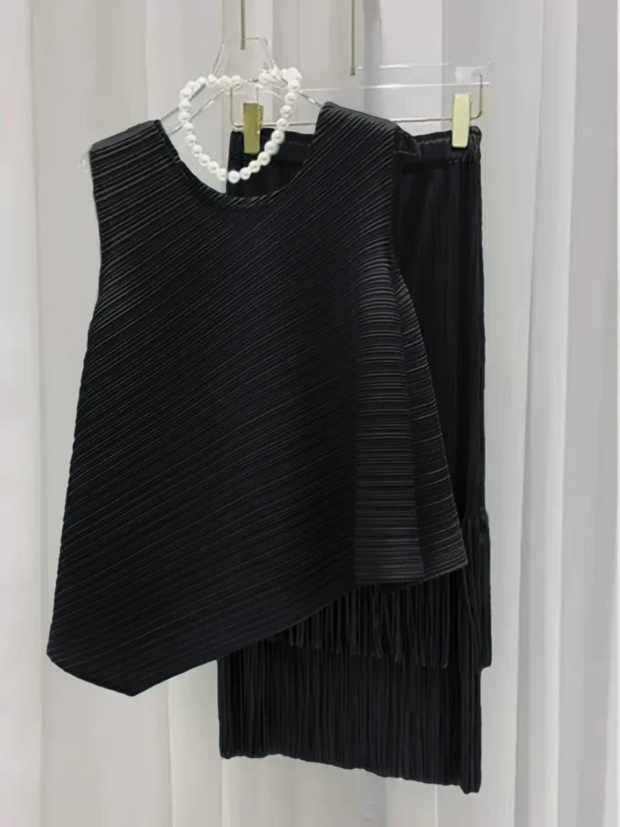 Luxury Plissé Pleated Tassel Skirt Set