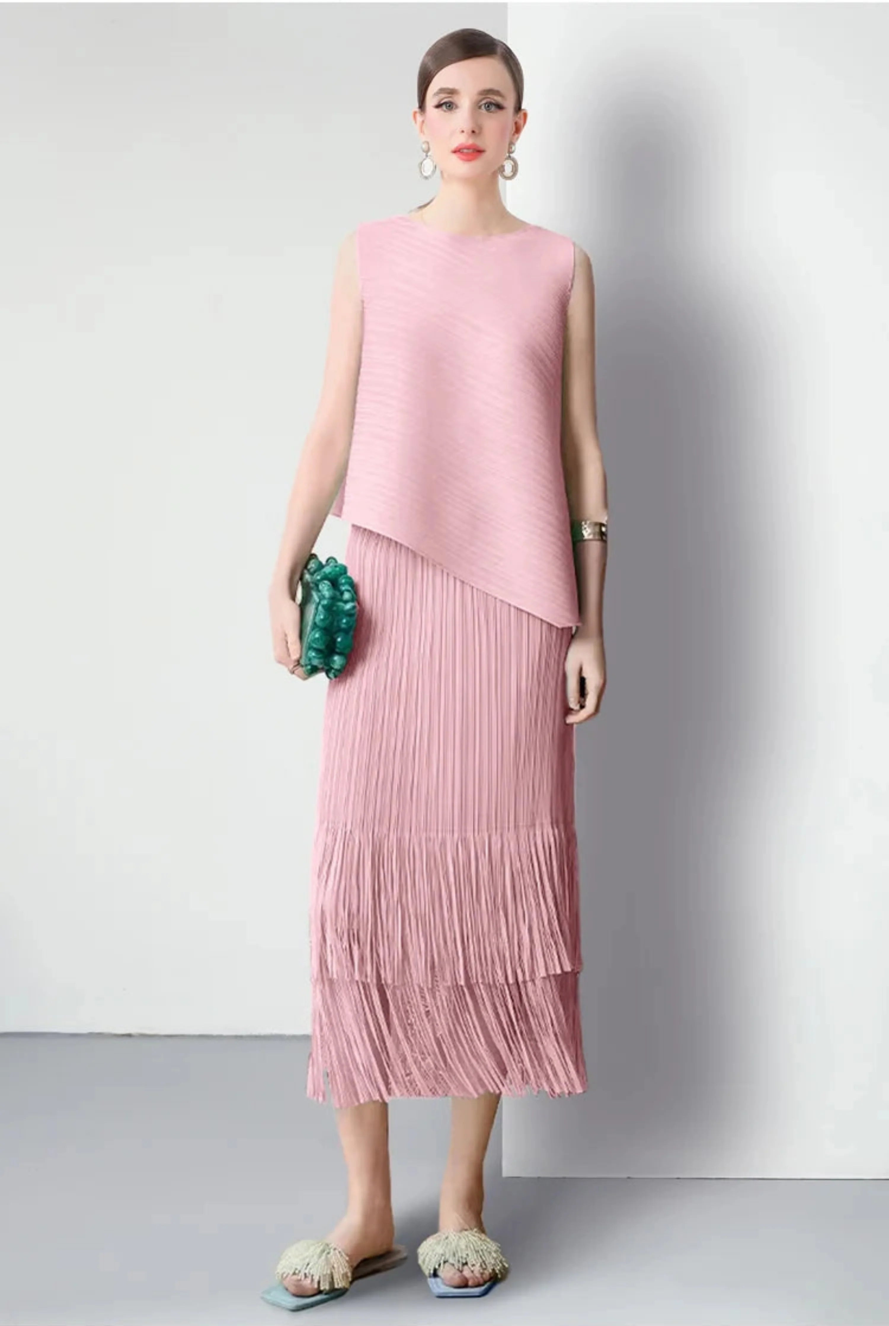 Luxury Plissé Pleated Tassel Skirt Set