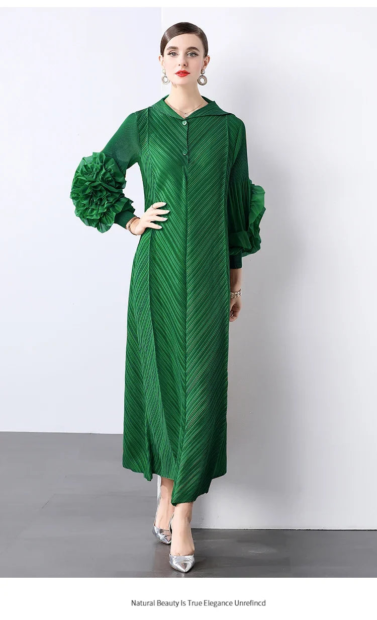 Plissé Pleated Long Sleeve Dress