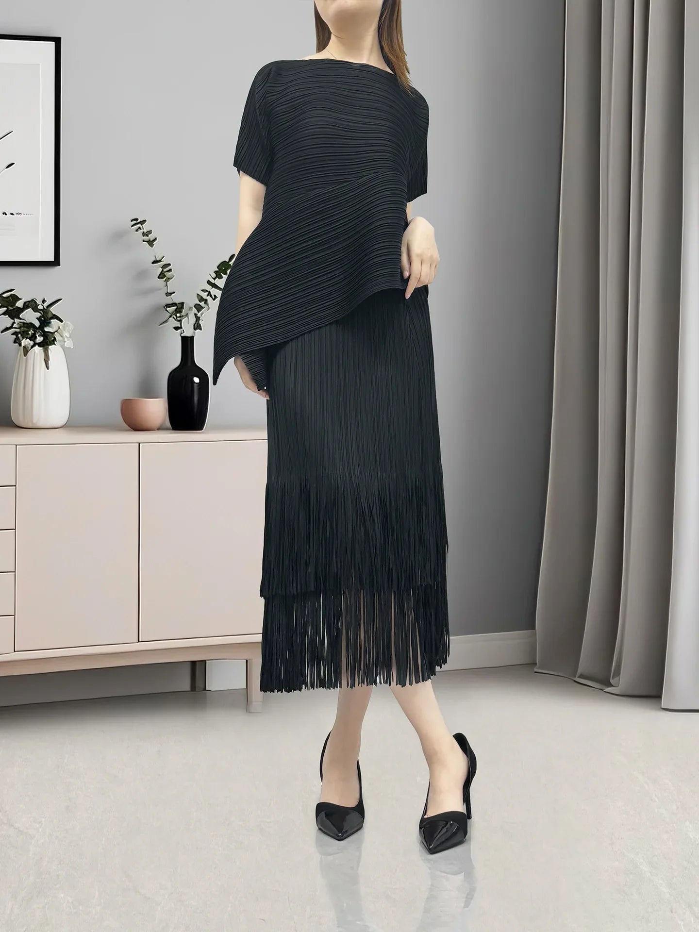 Asymmetric Pleated Fringe Skirt Set