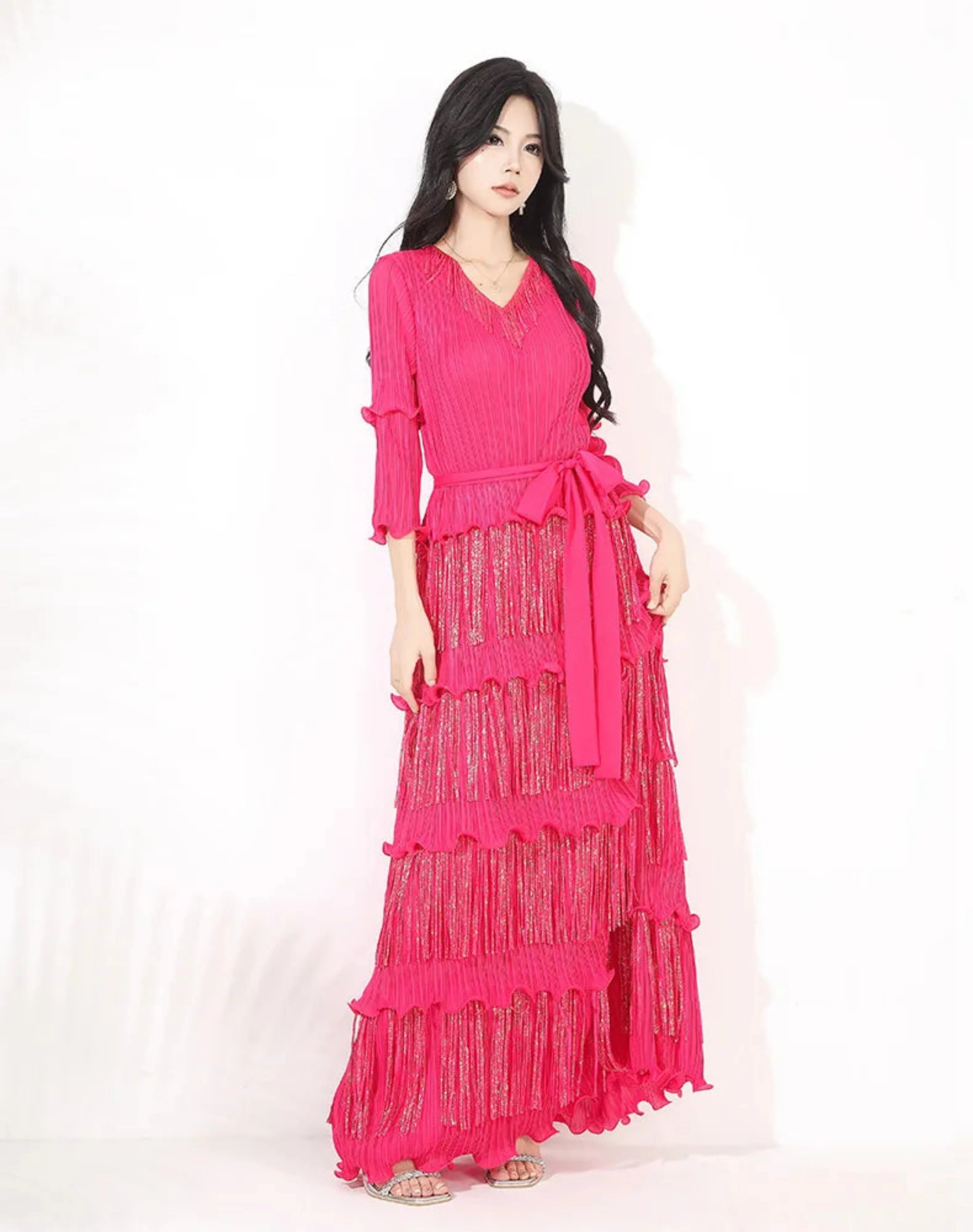Plissé Japanese Fringe Midi Dress