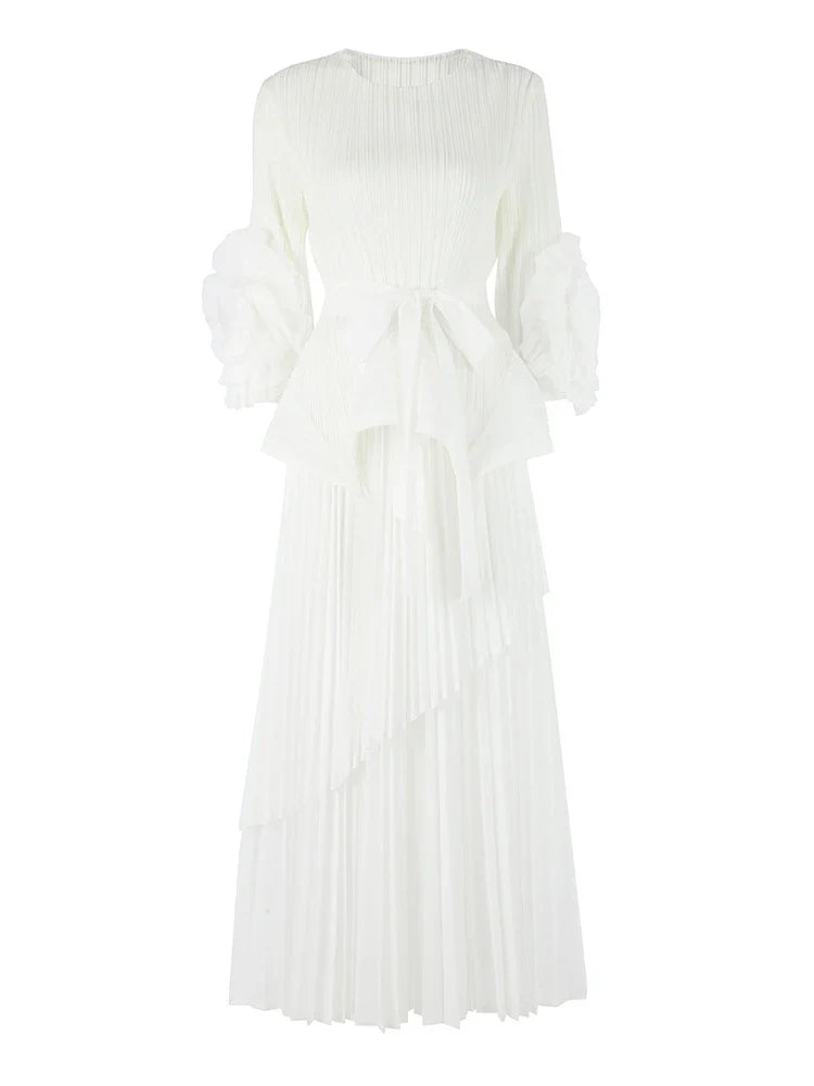 High-End Pleated Midi Skirt Set - Statement Sleeves
