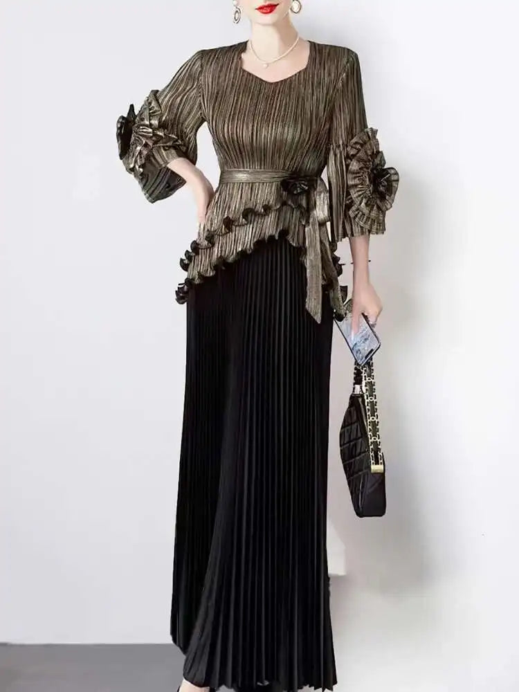 Pleated Metallic Top and Skirt Evening Formal Set