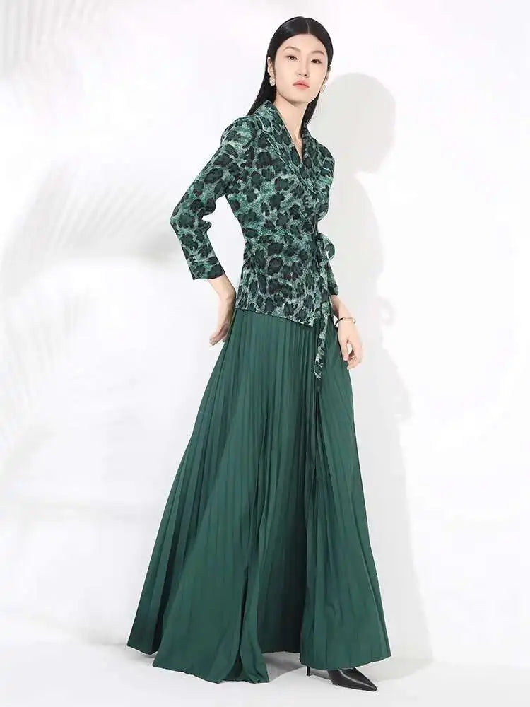 Leopard Pleated Skirt & Wrap Blouse