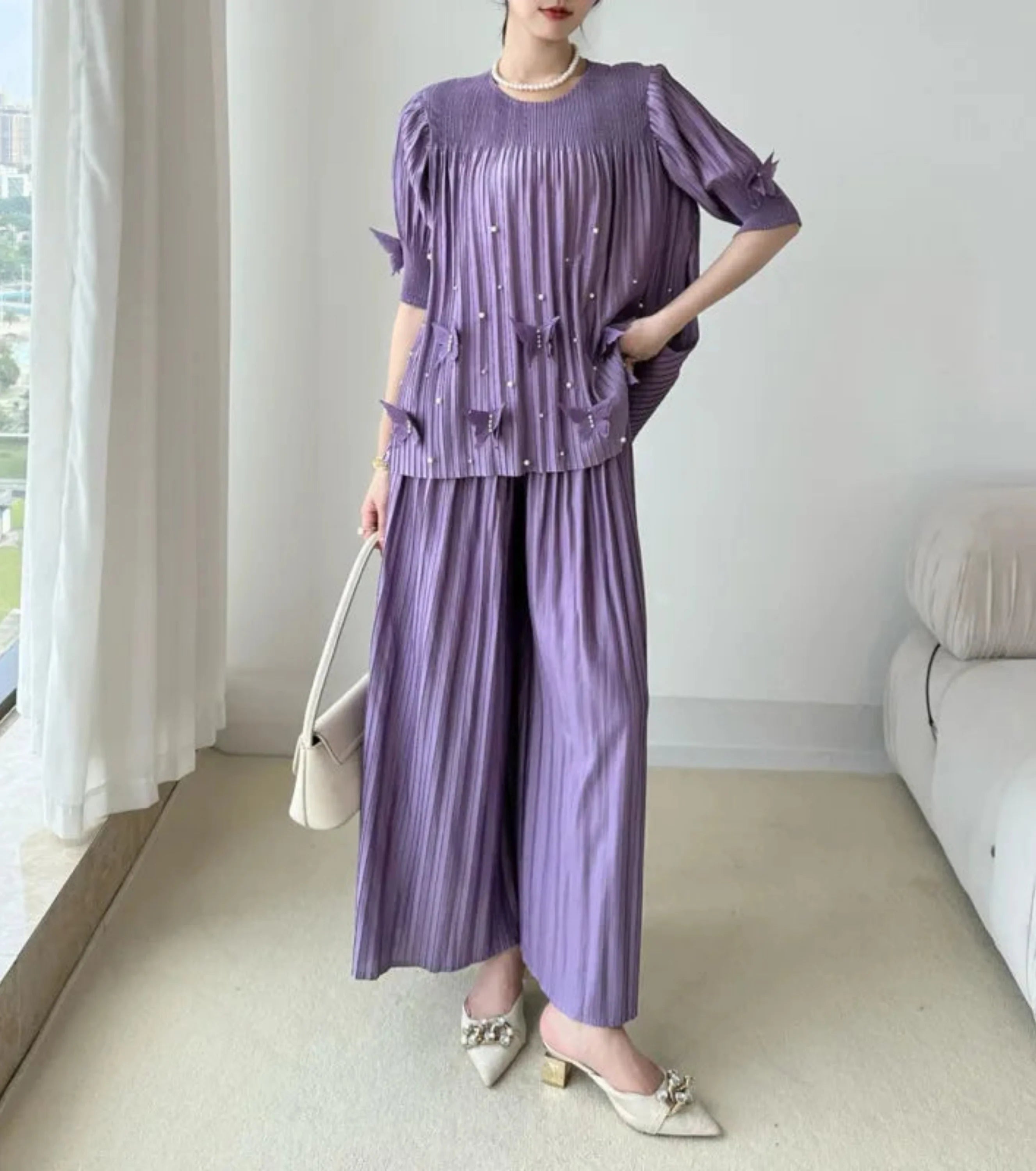 Plissé Beaded 2-Piece Trouser Set