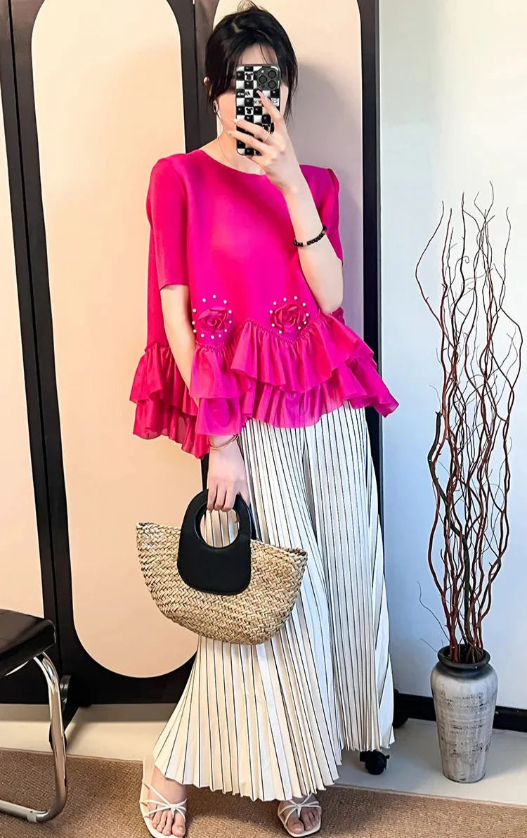Floral Plissé Ruffle Blouse Top