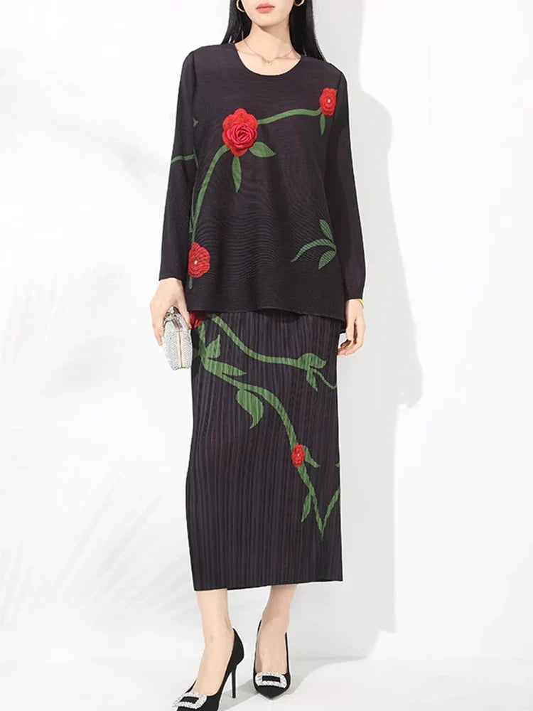 Luxe Feminine Rose Top & Pleated Skirt Set