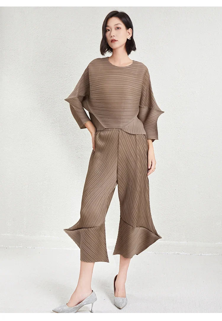 Luxury 2-Piece Pleated Textured Wide Leg Pant Set