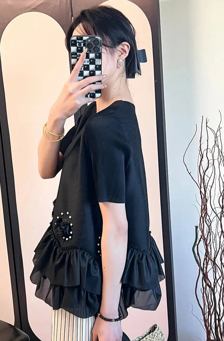 Floral Plissé Ruffle Blouse Top