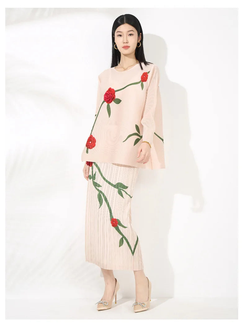 Luxe Feminine Rose Top & Pleated Skirt Set