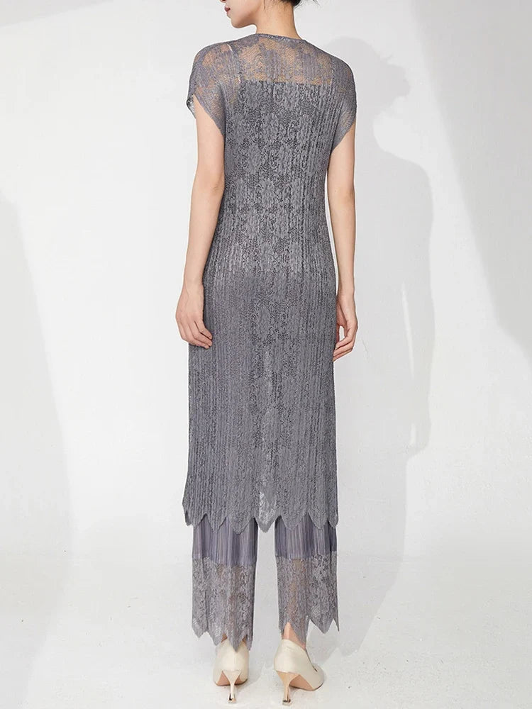 2-Piece Lace Pleated Palazzo Pants Outfit