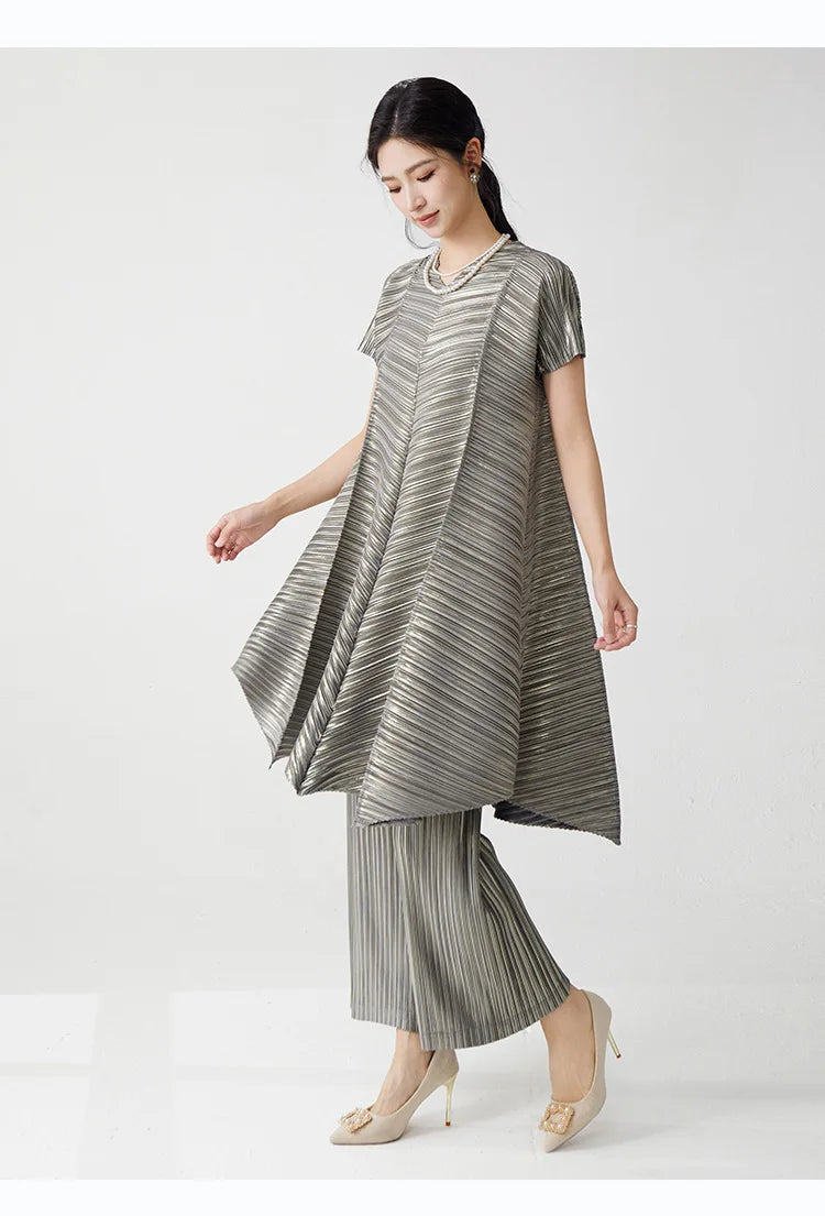 Gold Flowy Pleated Pant & Top Set