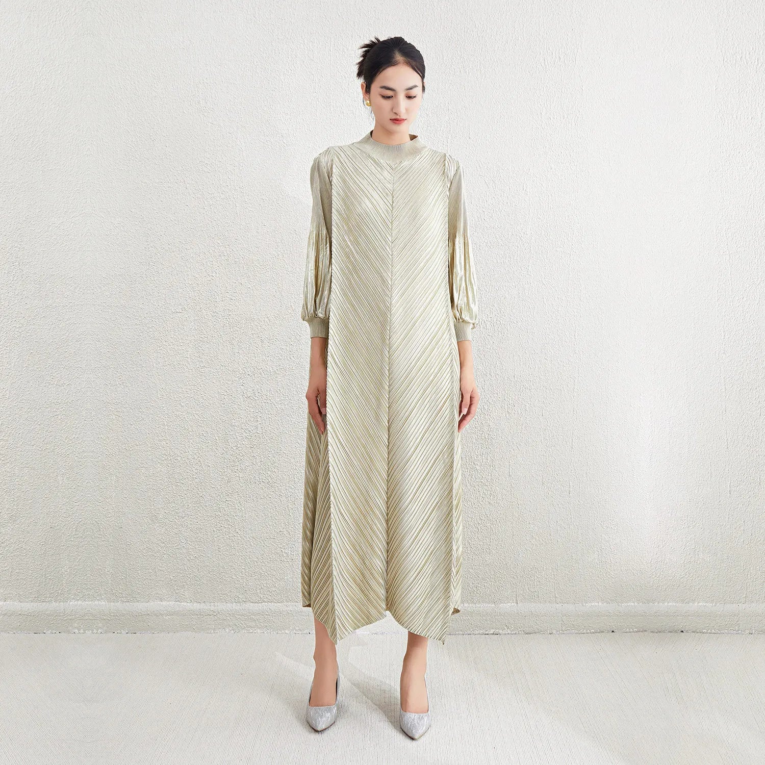 Luxe Pleated Bishop Sleeve Dress