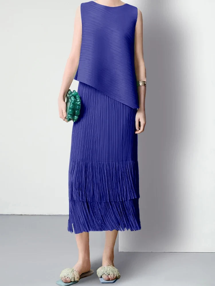 Luxury Plissé Pleated Tassel Skirt Set