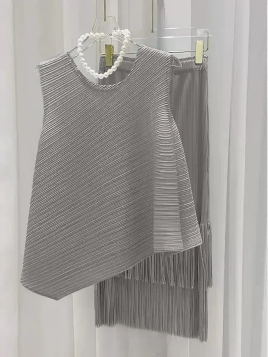 Luxury Plissé Pleated Tassel Skirt Set