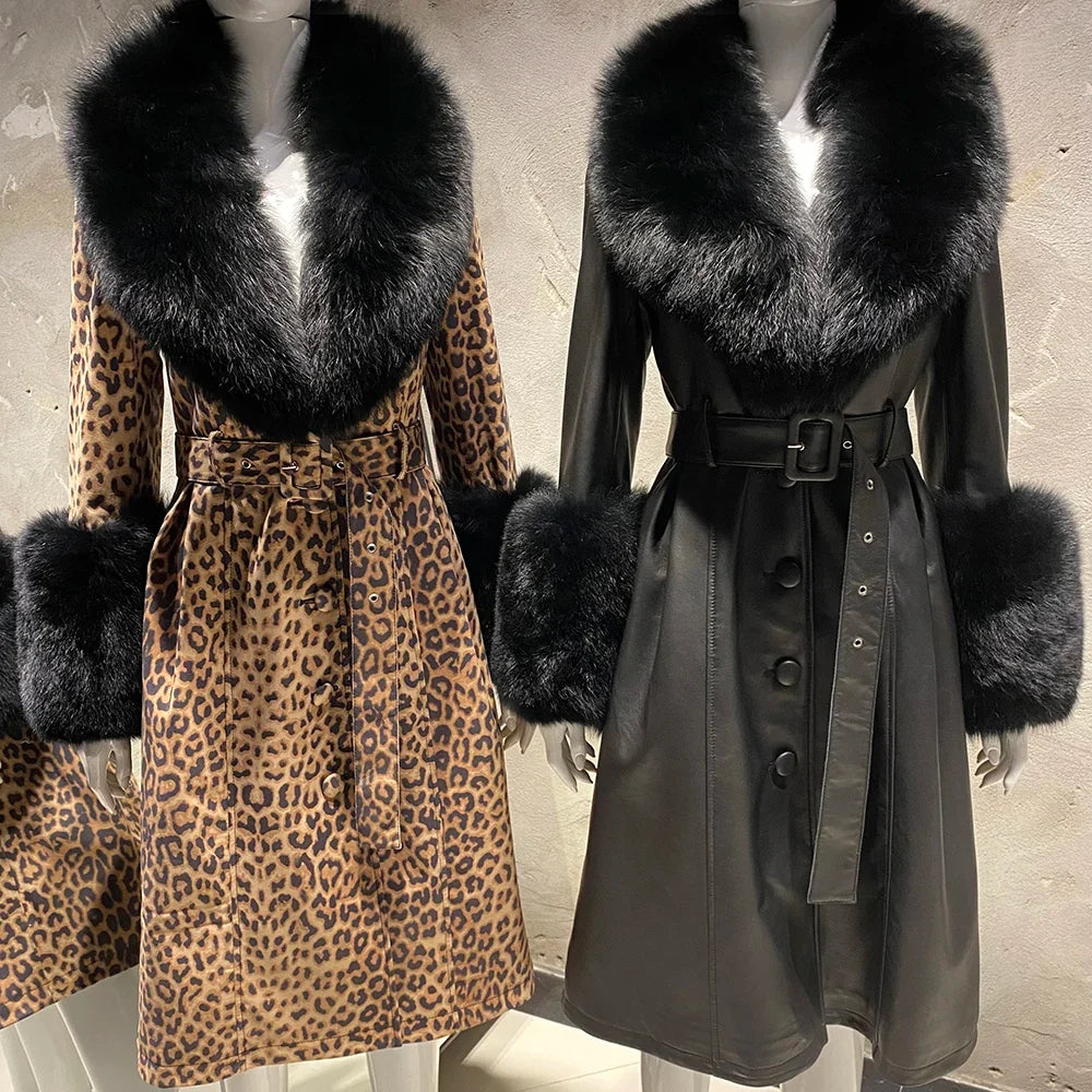 Women's Leather Coat with Fur Collar & Cuffs