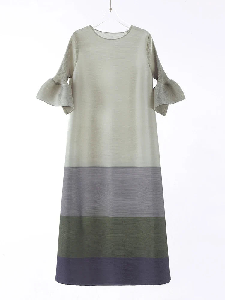 Japanese Pleated Midi Dress with Colorblock