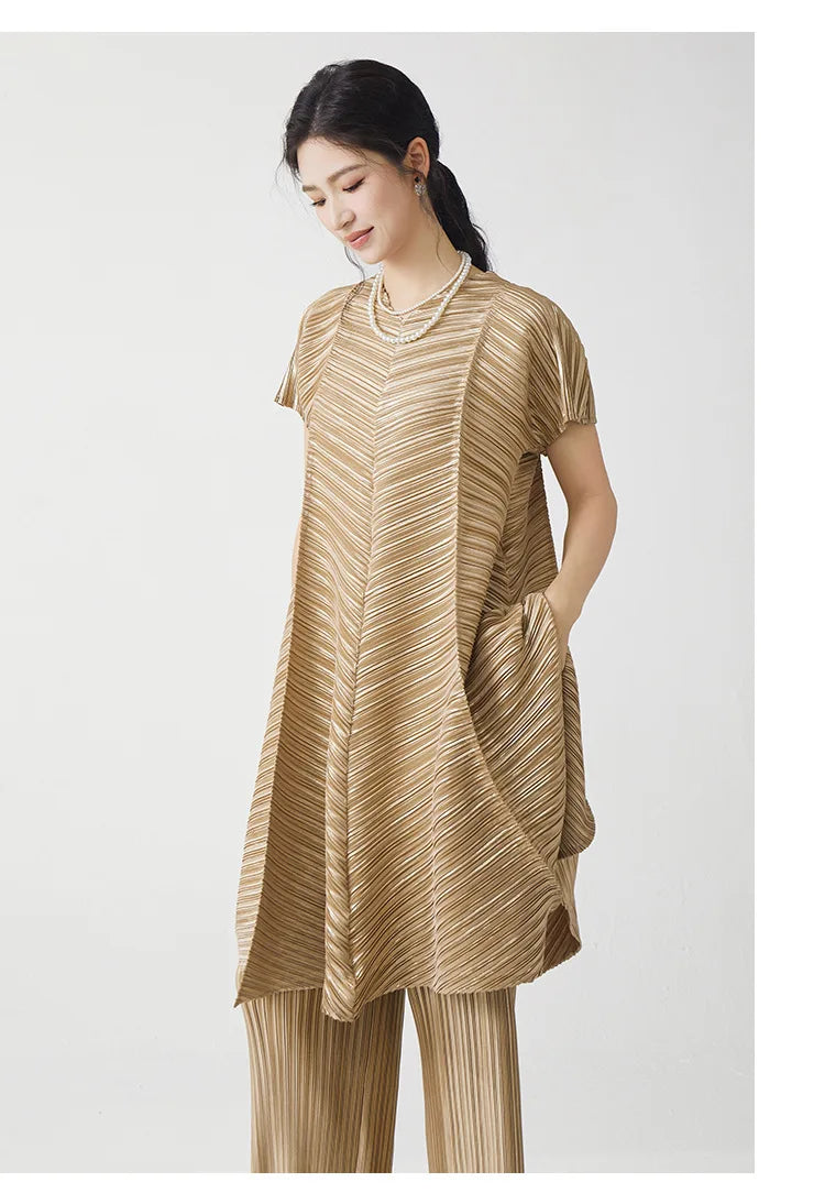 Gold Flowy Pleated Pant & Top Set