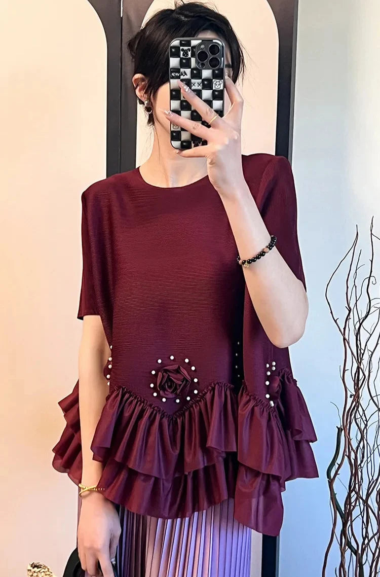 Floral Plissé Ruffle Blouse Top