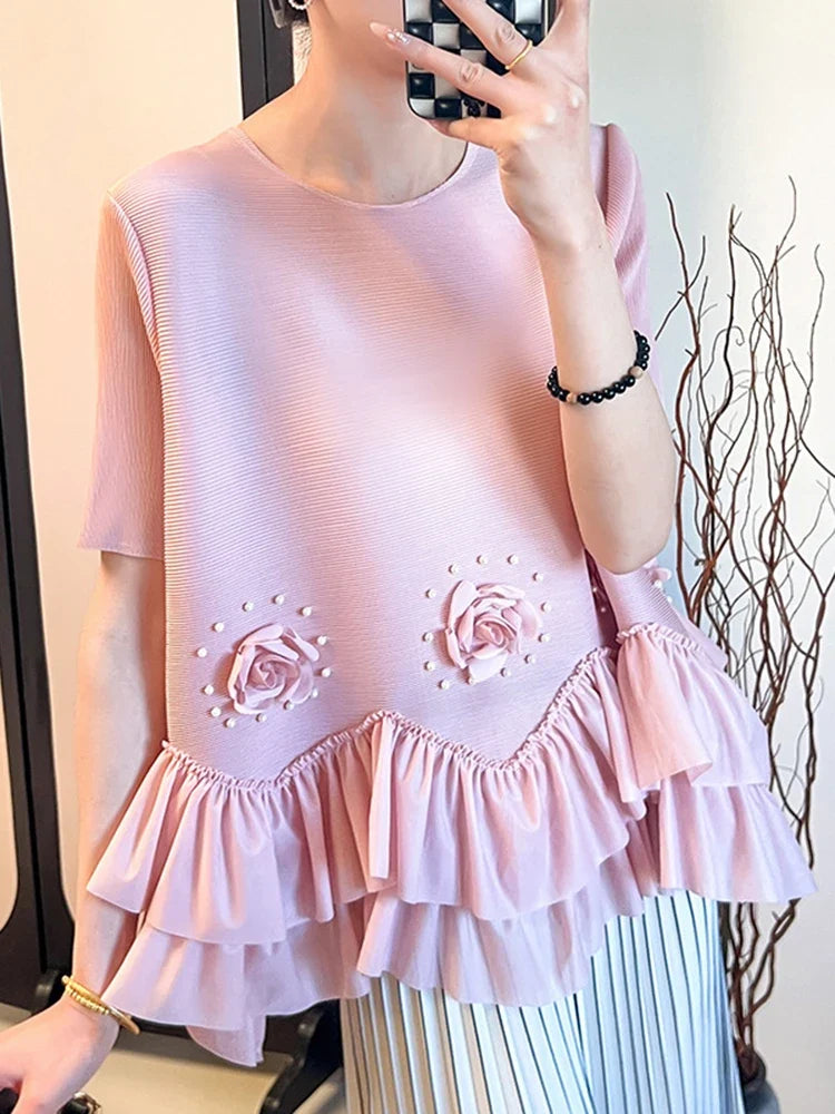 Floral Plissé Ruffle Blouse Top