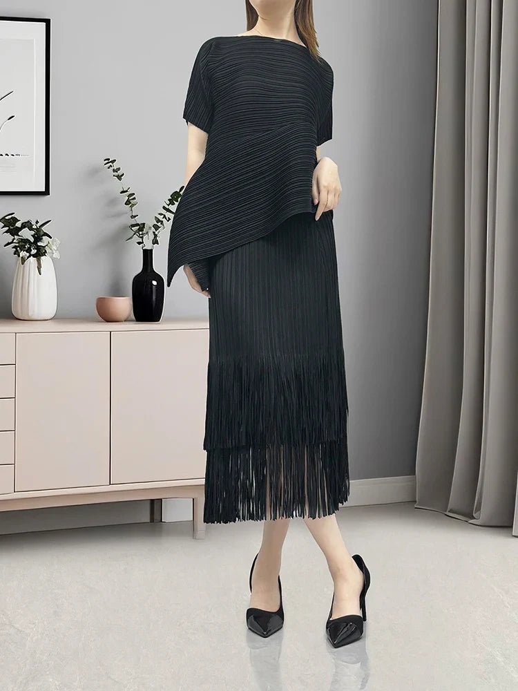 Asymmetric Pleated Fringe Skirt Set