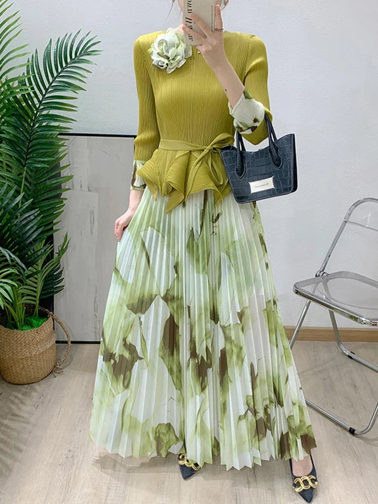 Unique Luxury Pleated Floral Top & Skirt Set