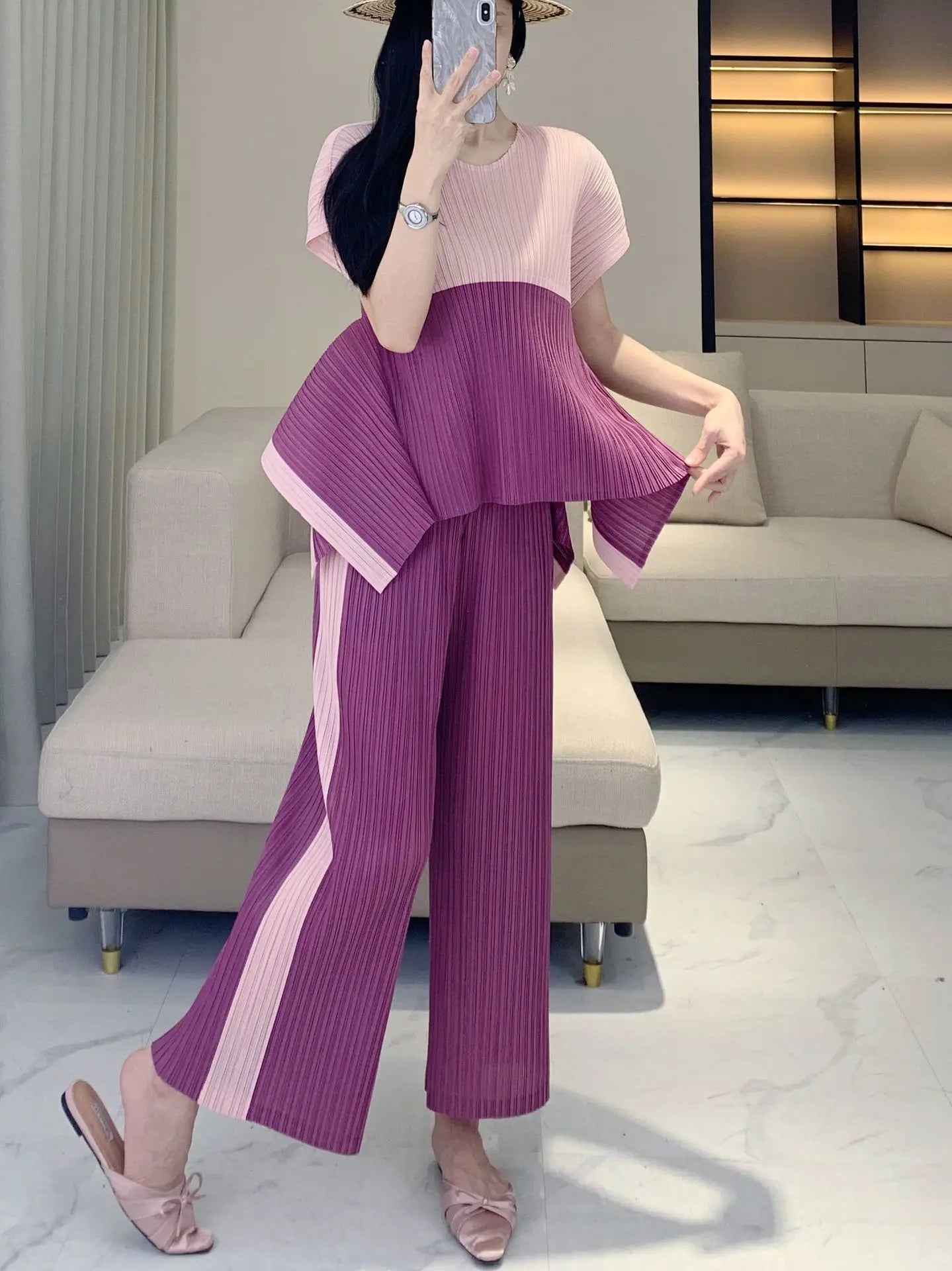 Geometric Pleated Top & Pants Set