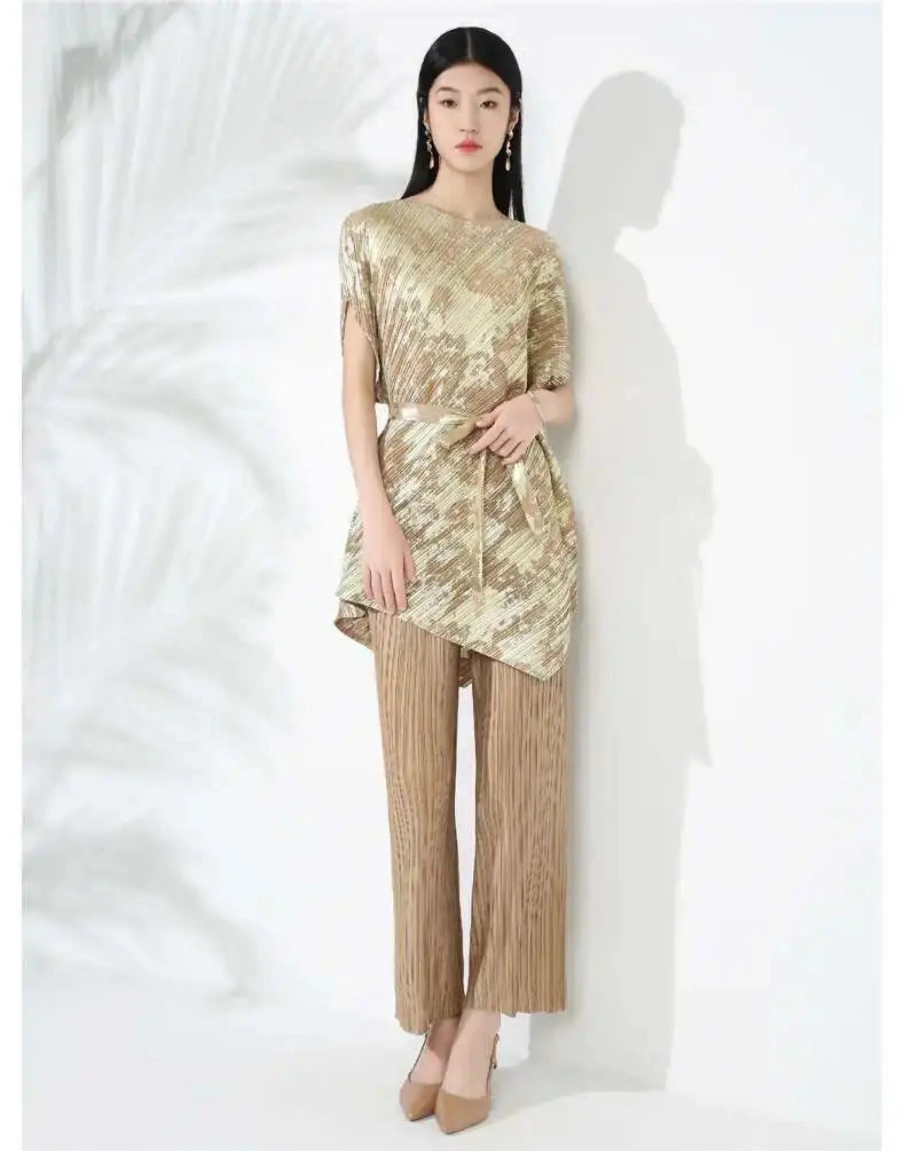 Gold Pleated Top & Pant Set