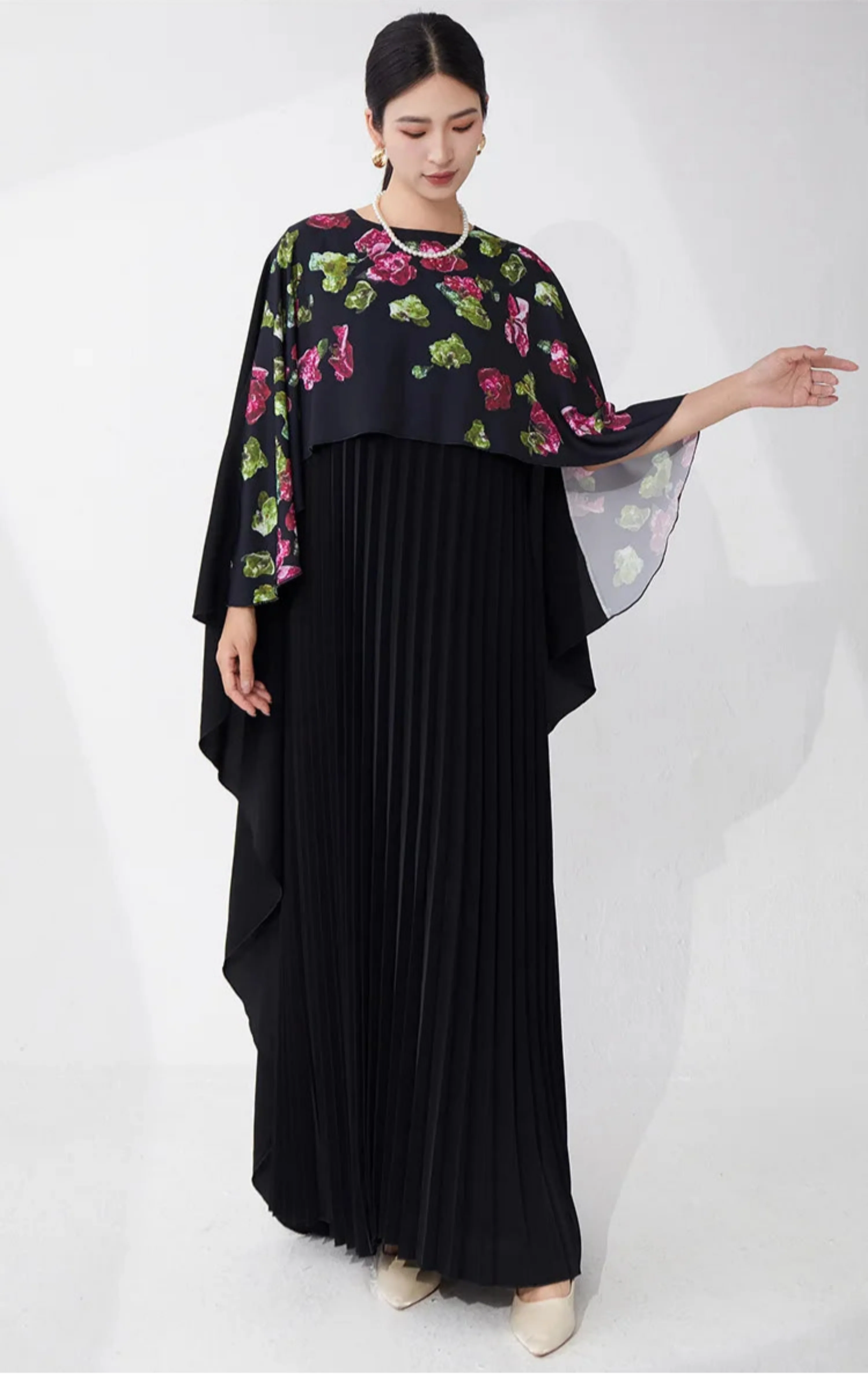 Pleated Petite Floral Cape Dress