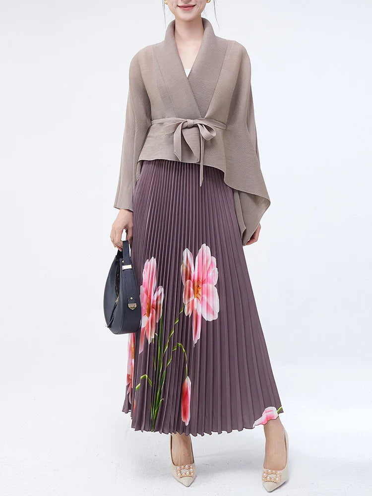 Luxury Floral Print Pleated Skirt and Top Set