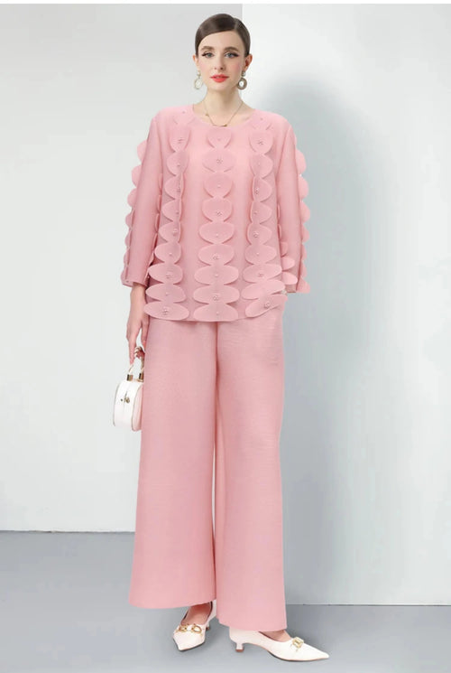 Casual Pleated Wide-Leg Trouser Set