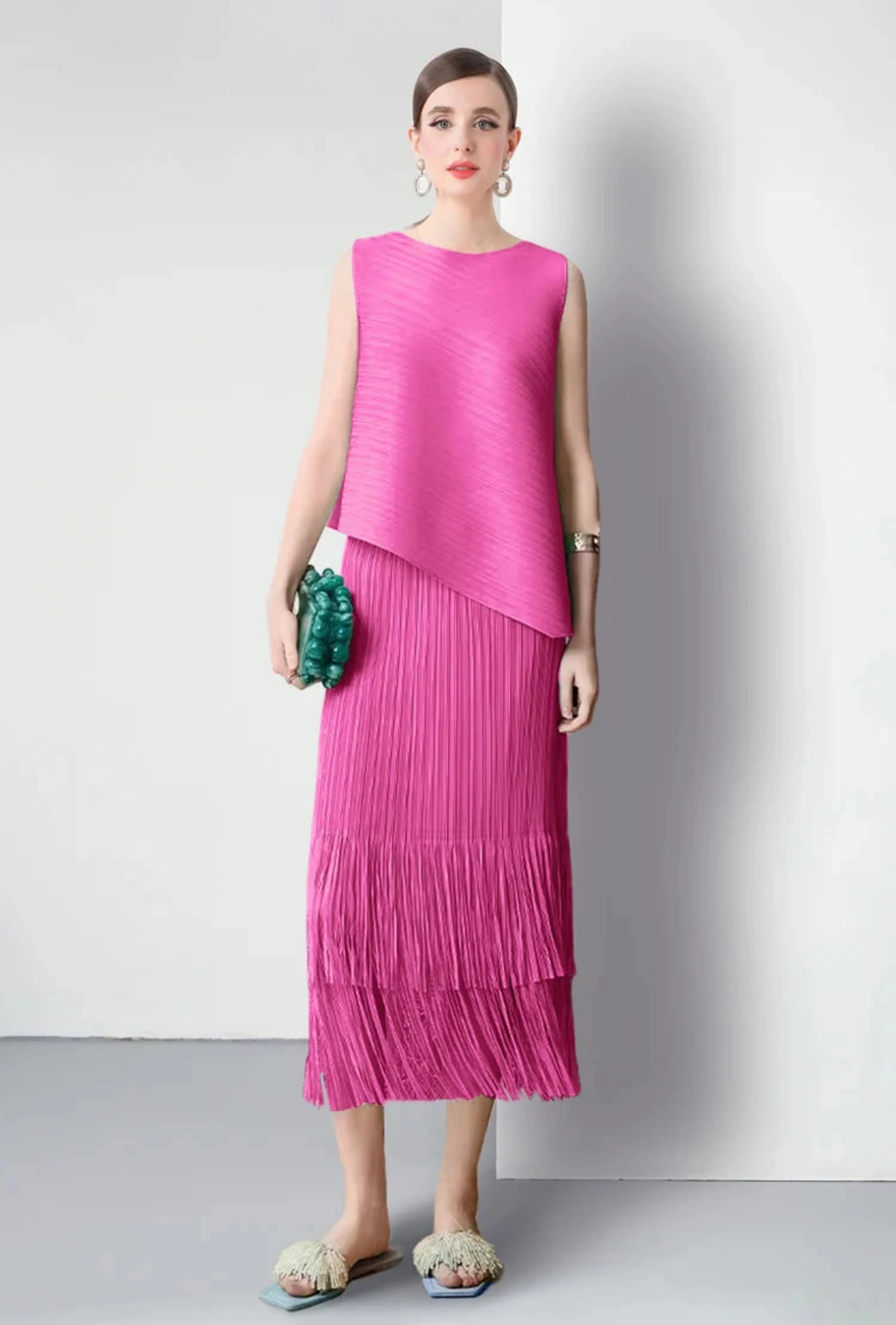 Luxury Plissé Pleated Tassel Skirt Set
