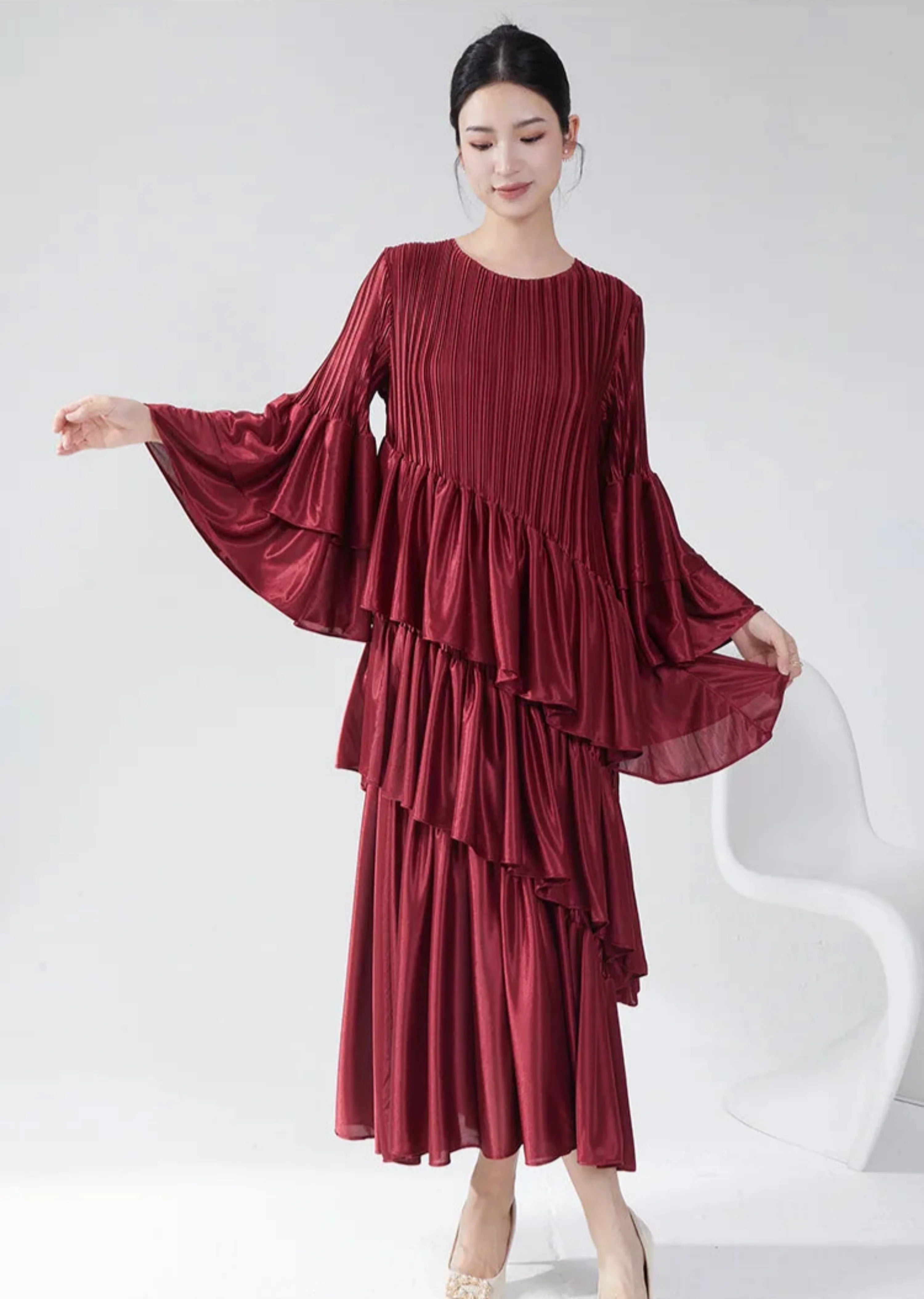 Truly Plissé Ruffle Sleeve Dress