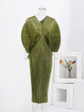 V-Neck Flutter Sleeve Pleated Midi Dress
