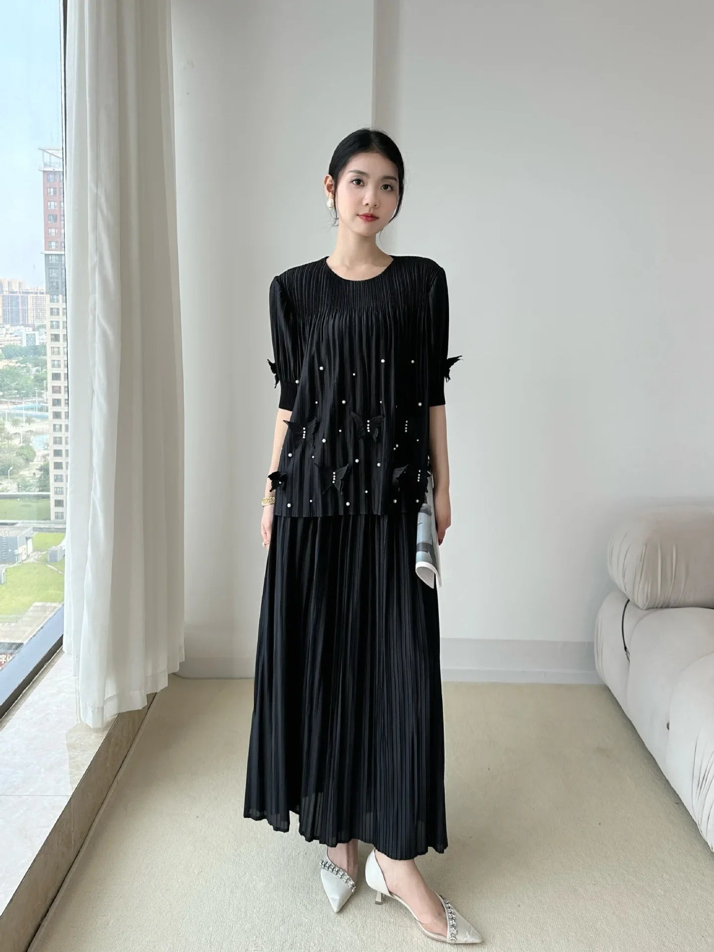 Plissé Beaded 2-Piece Trouser Set