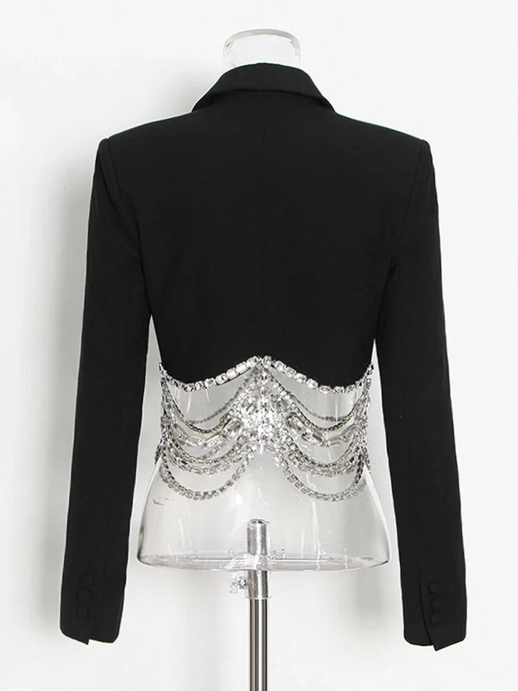 Slim Fit Cropped Blazer with Crystal Chain