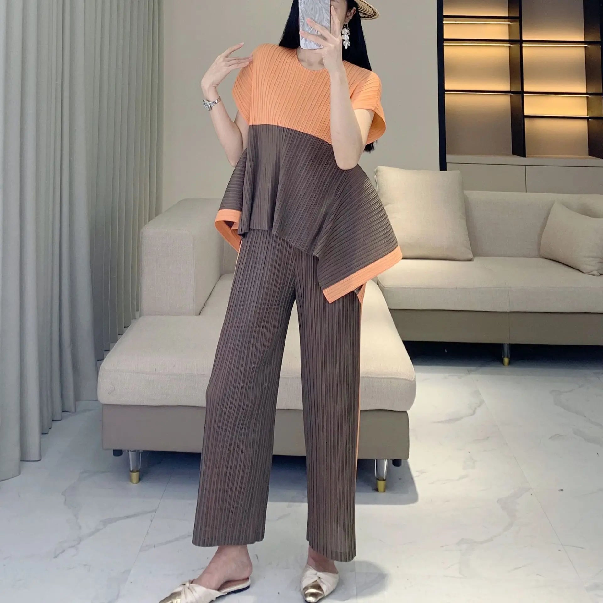 Geometric Pleated Top & Pants Set