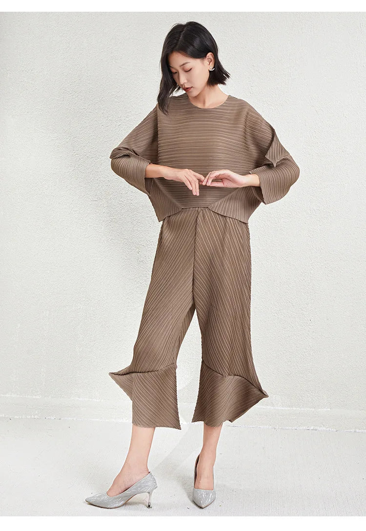 Luxury 2-Piece Pleated Textured Wide Leg Pant Set