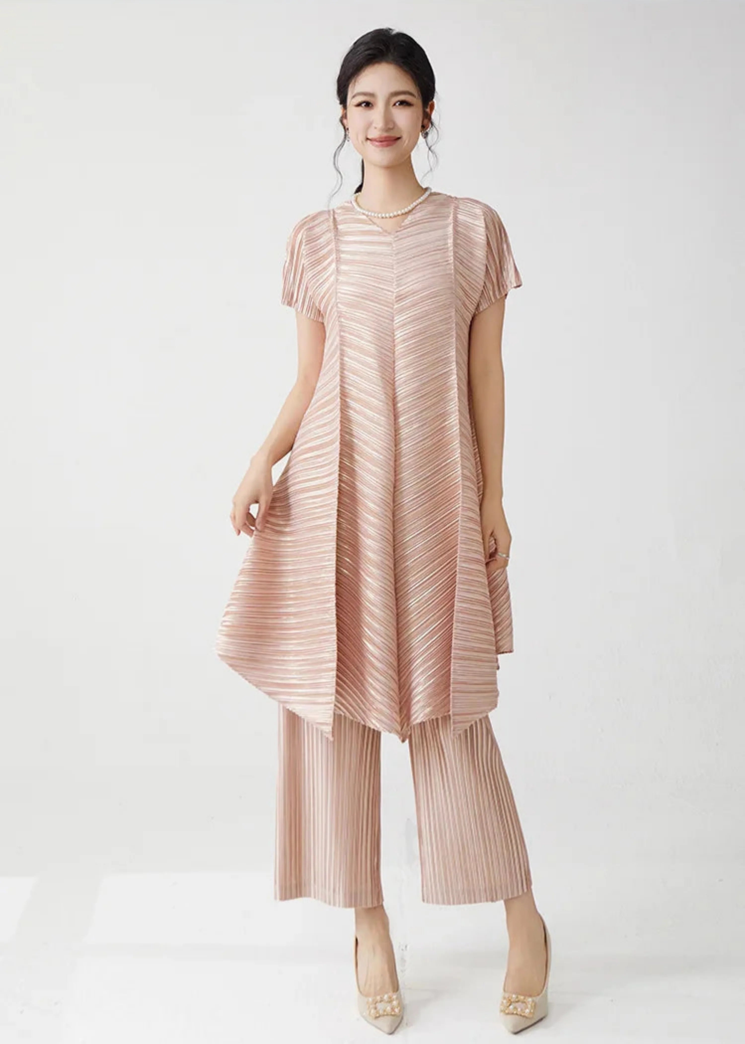 Gold Flowy Pleated Pant & Top Set