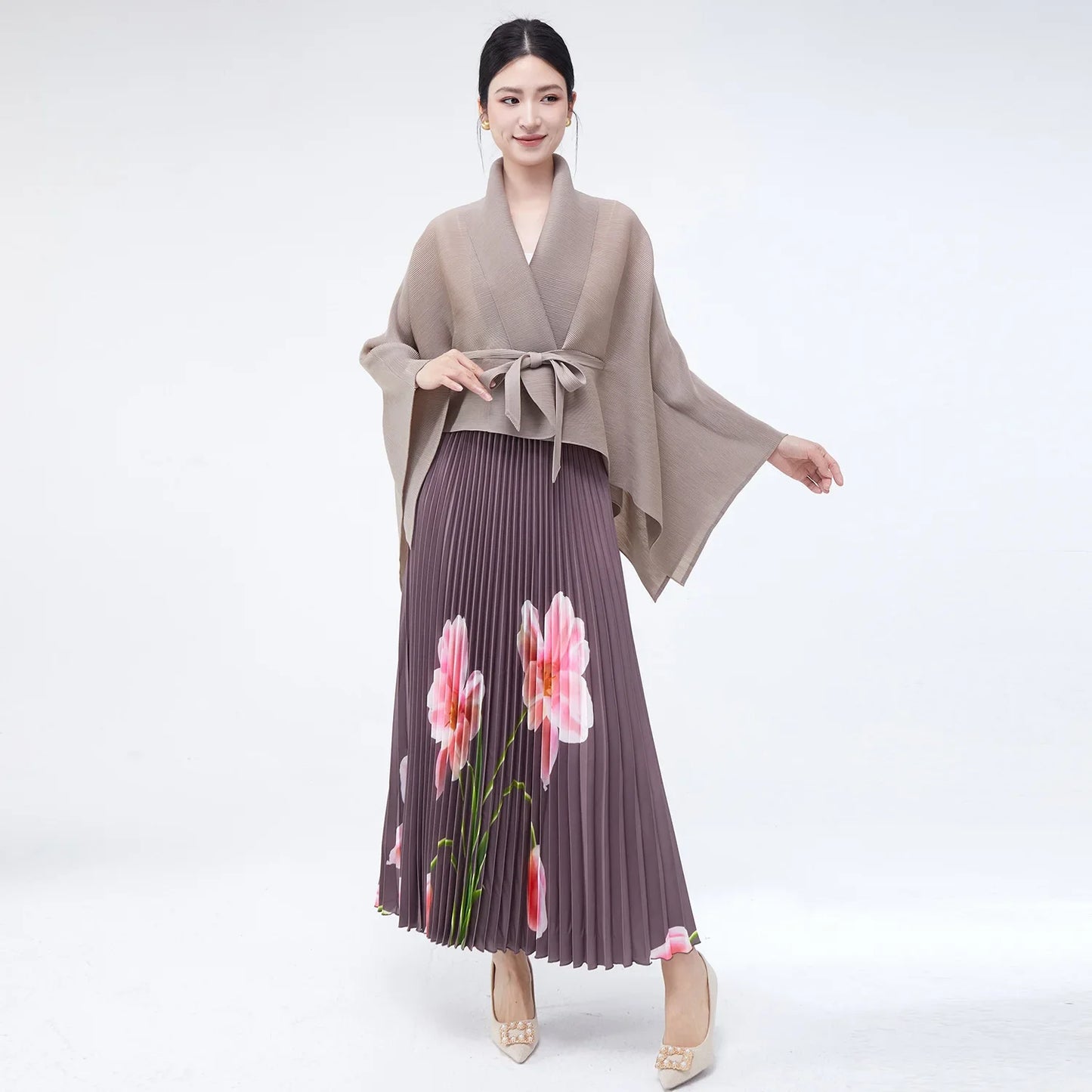 Luxury Floral Print Pleated Skirt and Top Set