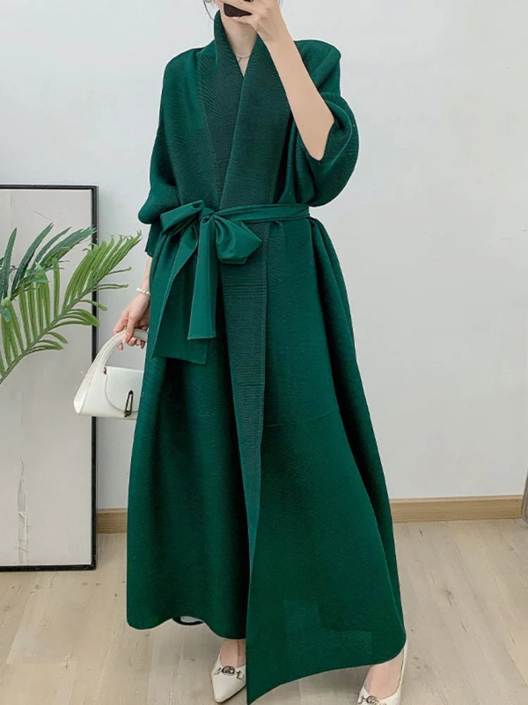 Couture Plissé Pleated Belted Robe Coat