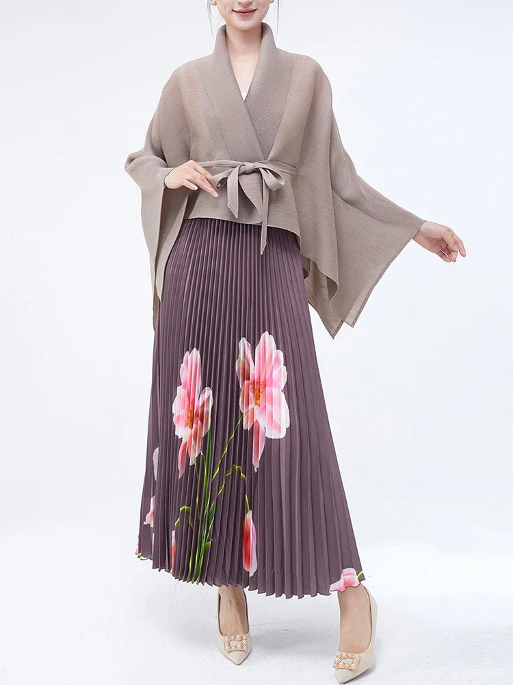 Luxury Floral Print Pleated Skirt and Top Set