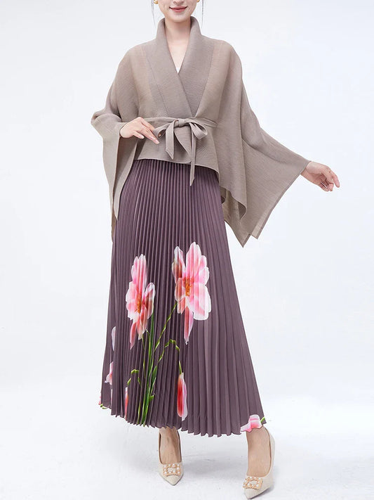 Luxury Floral Print Pleated Skirt and Top Set