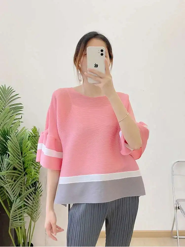 Truly Pleated Stripe 3/4 Sleeve Top